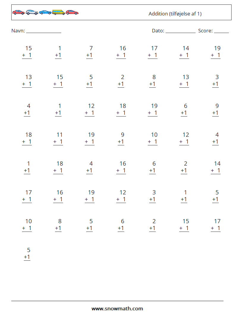 (50) Addition (tilføjelse af 1) Matematiske regneark 5