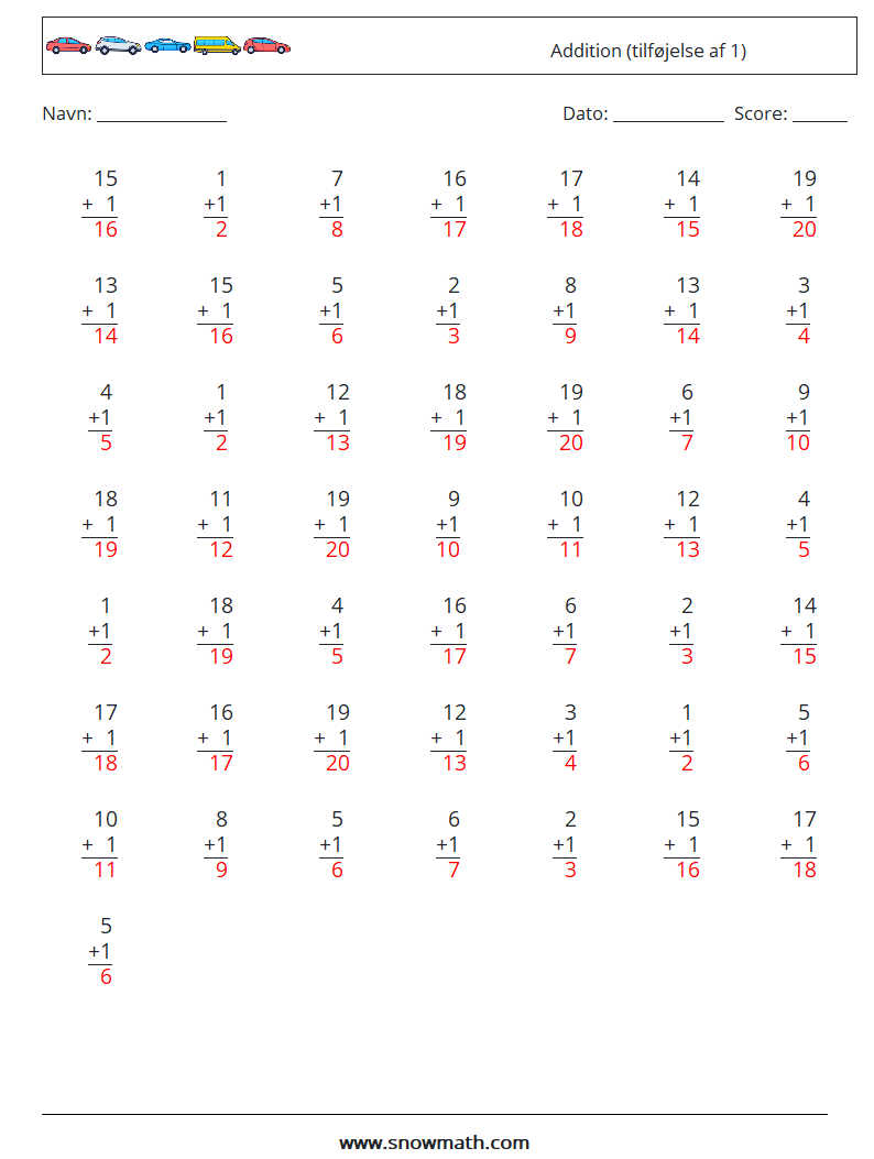 (50) Addition (tilføjelse af 1) Matematiske regneark 5 Spørgsmål, svar