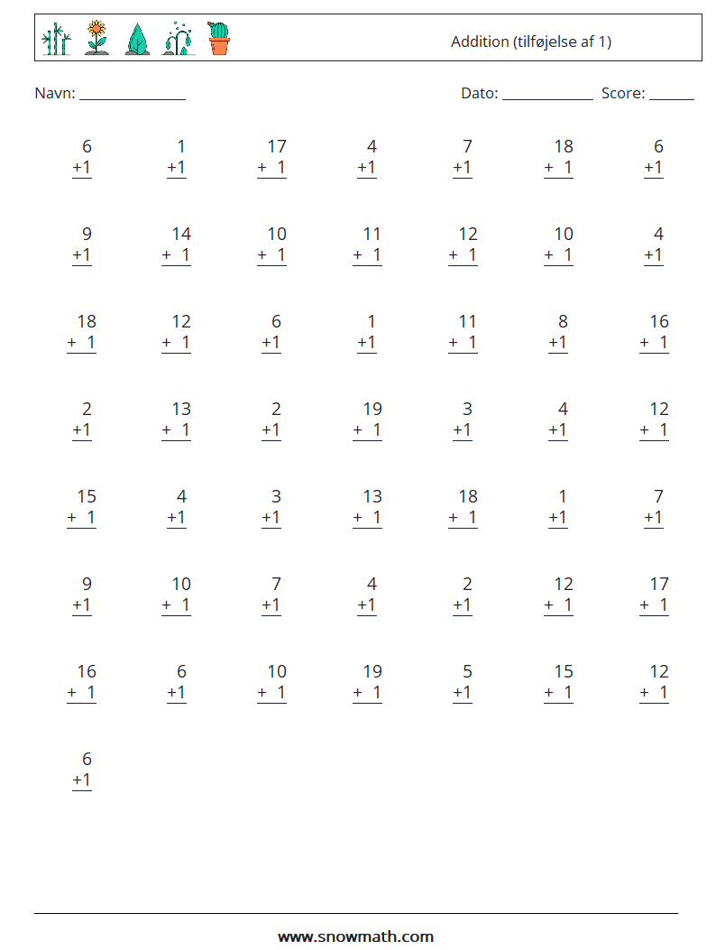 (50) Addition (tilføjelse af 1) Matematiske regneark 6