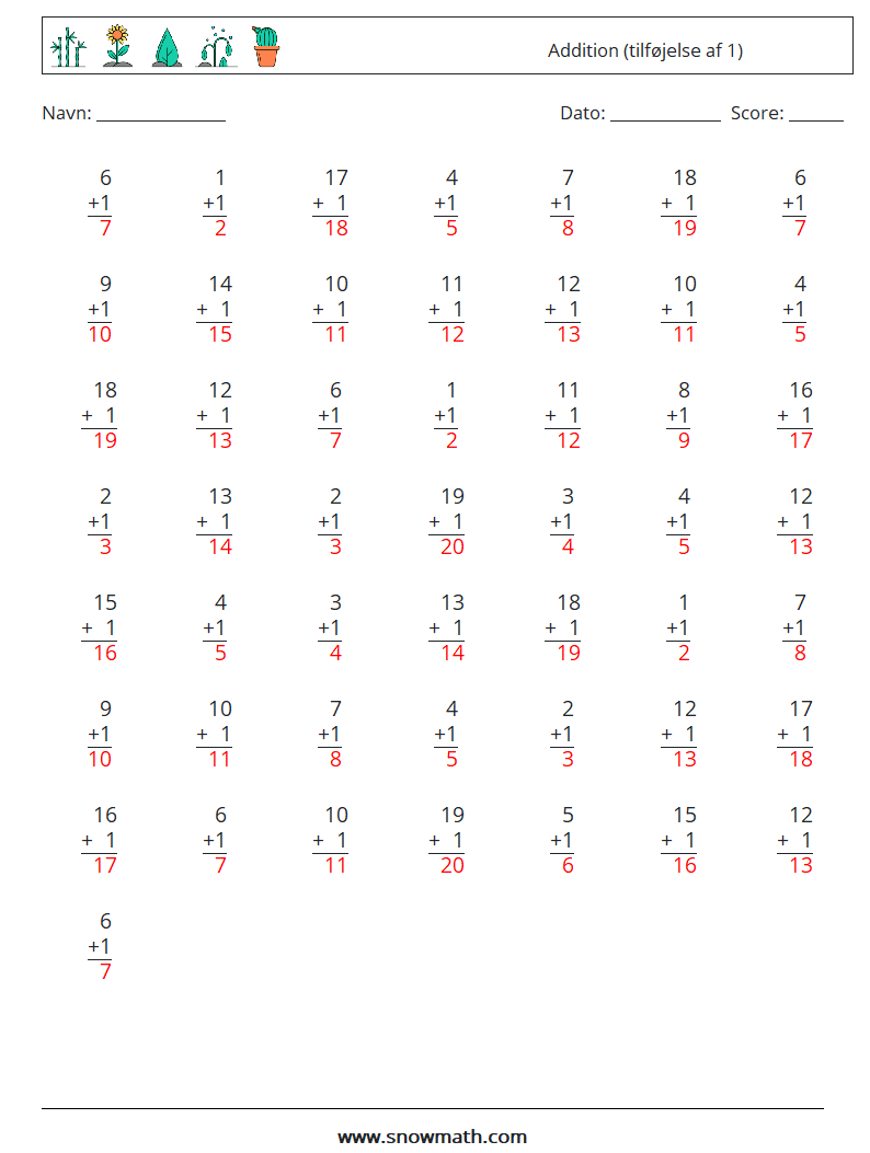 (50) Addition (tilføjelse af 1) Matematiske regneark 6 Spørgsmål, svar