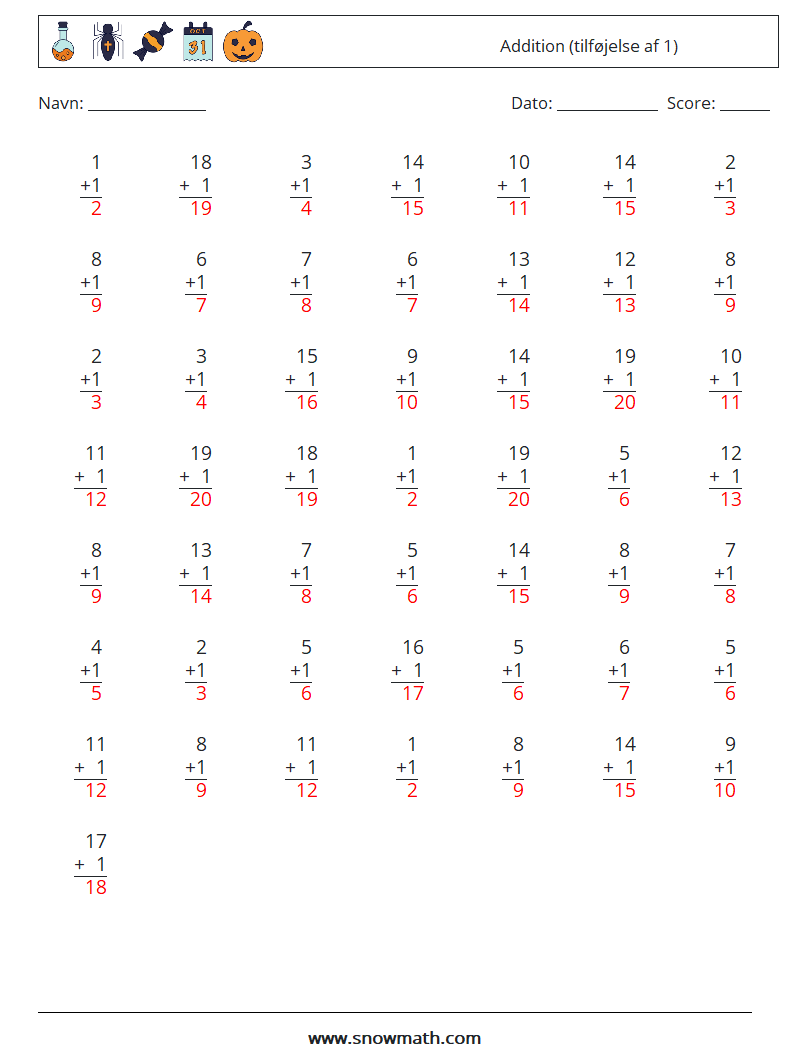 (50) Addition (tilføjelse af 1) Matematiske regneark 8 Spørgsmål, svar