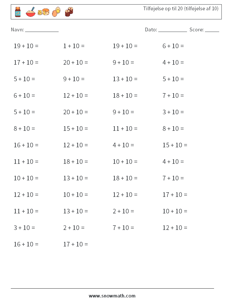 (50) Tilføjelse op til 20 (tilføjelse af 10) Matematiske regneark 2