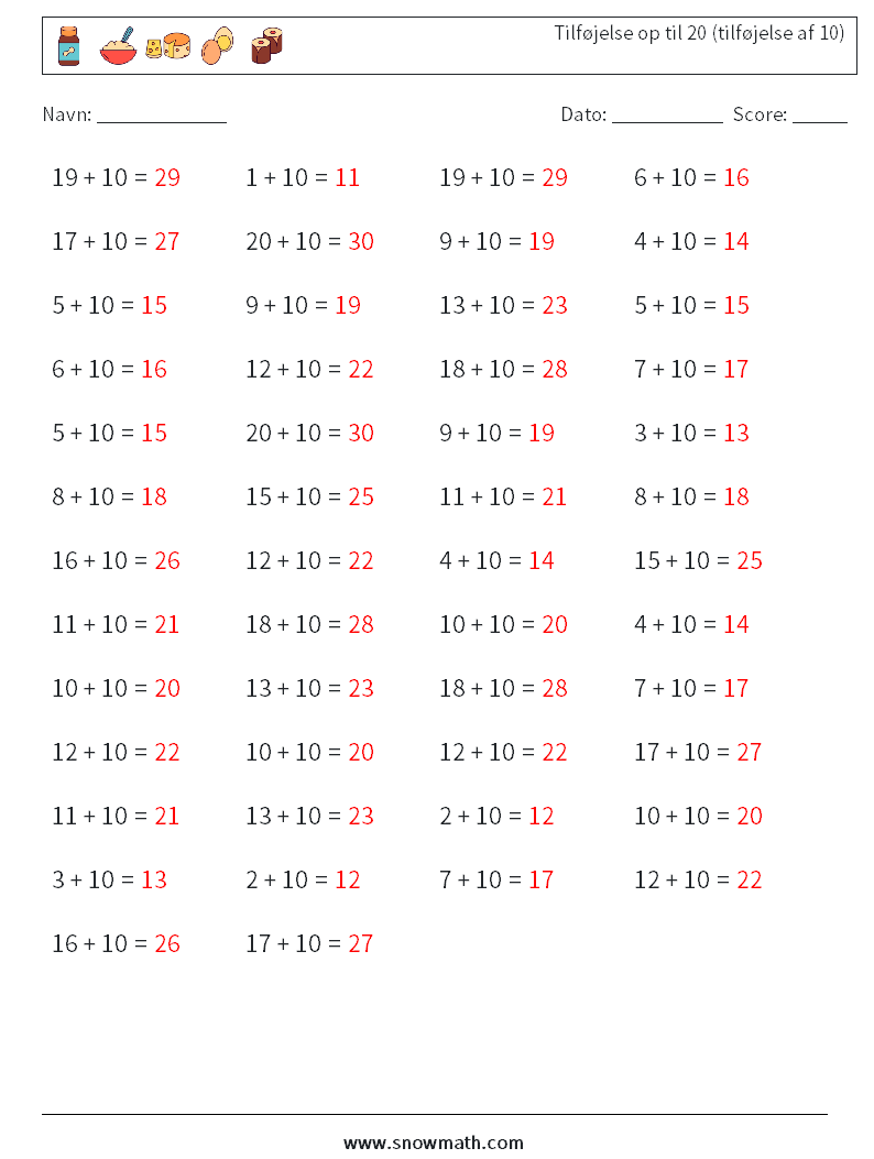 (50) Tilføjelse op til 20 (tilføjelse af 10) Matematiske regneark 2 Spørgsmål, svar