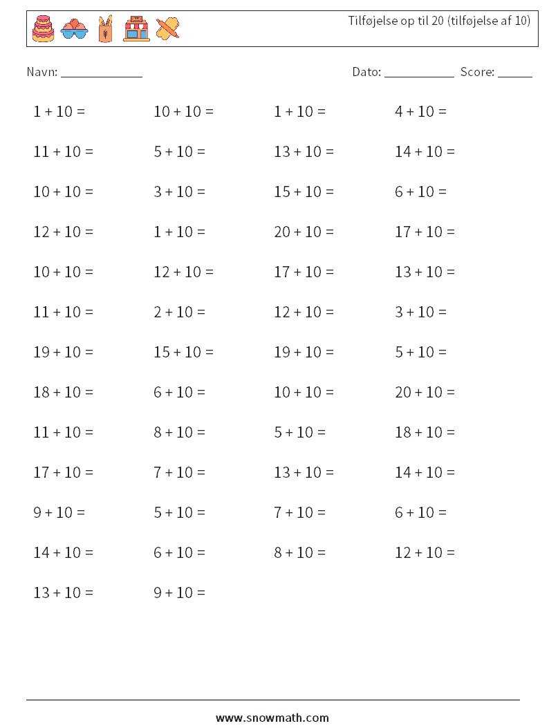 (50) Tilføjelse op til 20 (tilføjelse af 10) Matematiske regneark 3