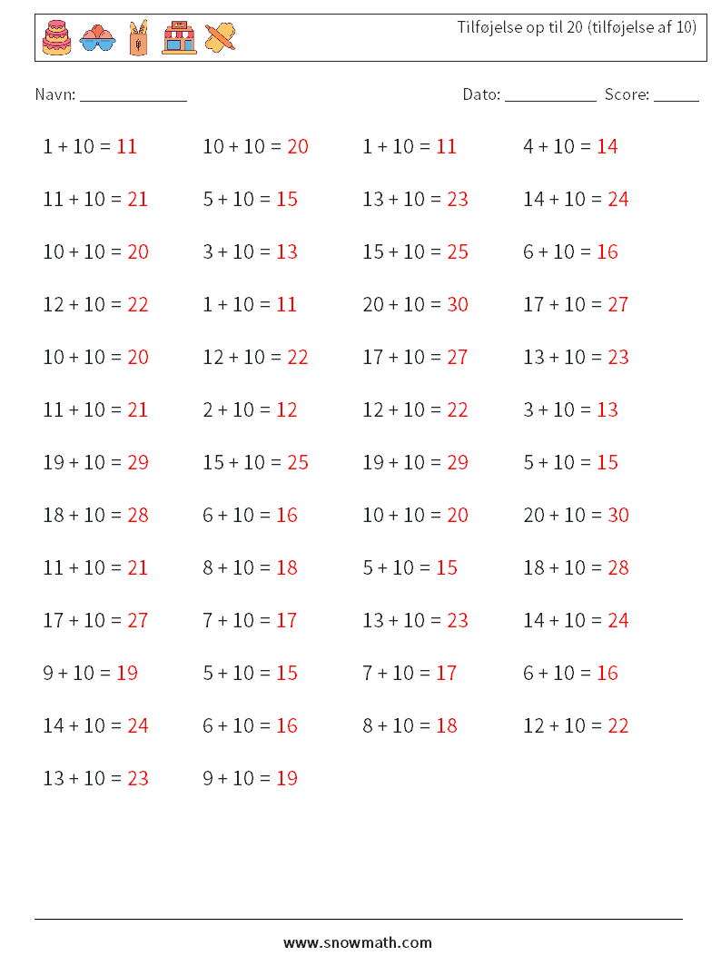 (50) Tilføjelse op til 20 (tilføjelse af 10) Matematiske regneark 3 Spørgsmål, svar