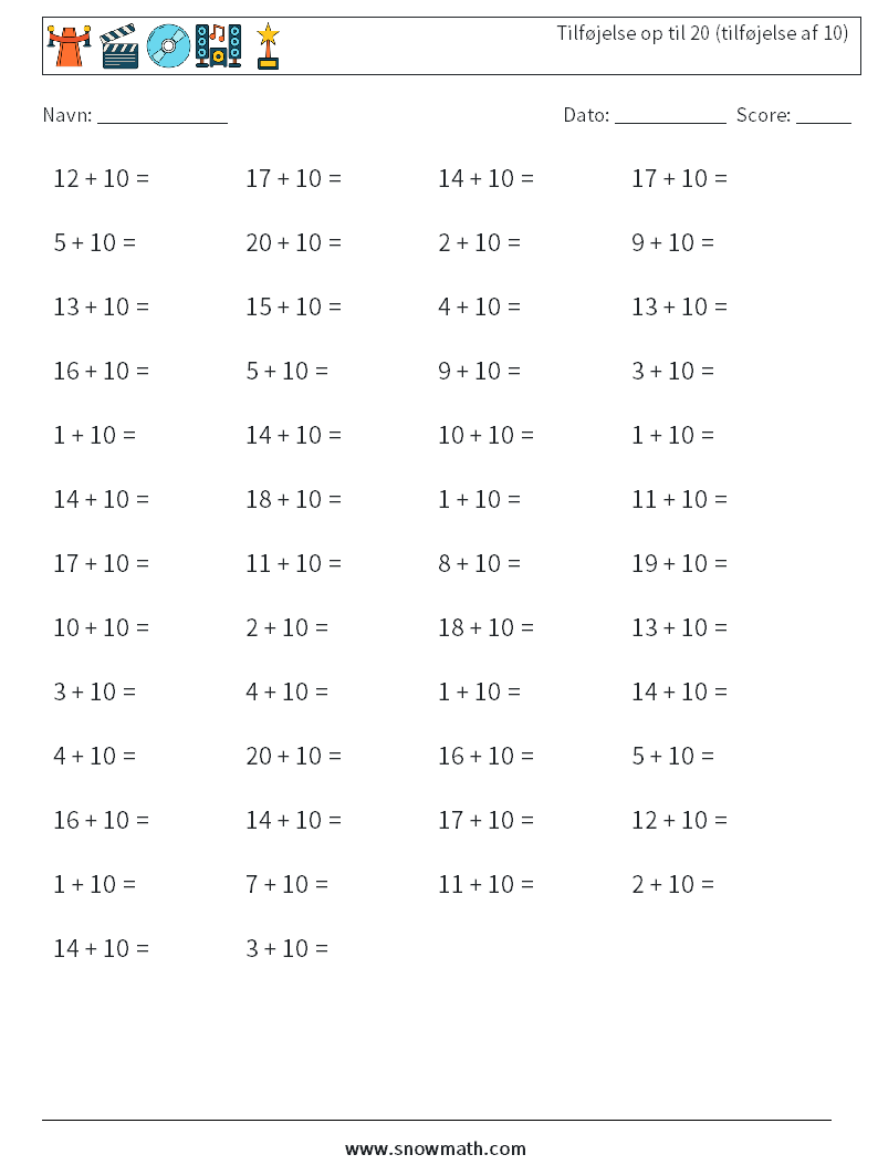 (50) Tilføjelse op til 20 (tilføjelse af 10) Matematiske regneark 4