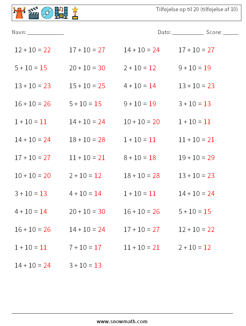 (50) Tilføjelse op til 20 (tilføjelse af 10) Matematiske regneark 4 Spørgsmål, svar