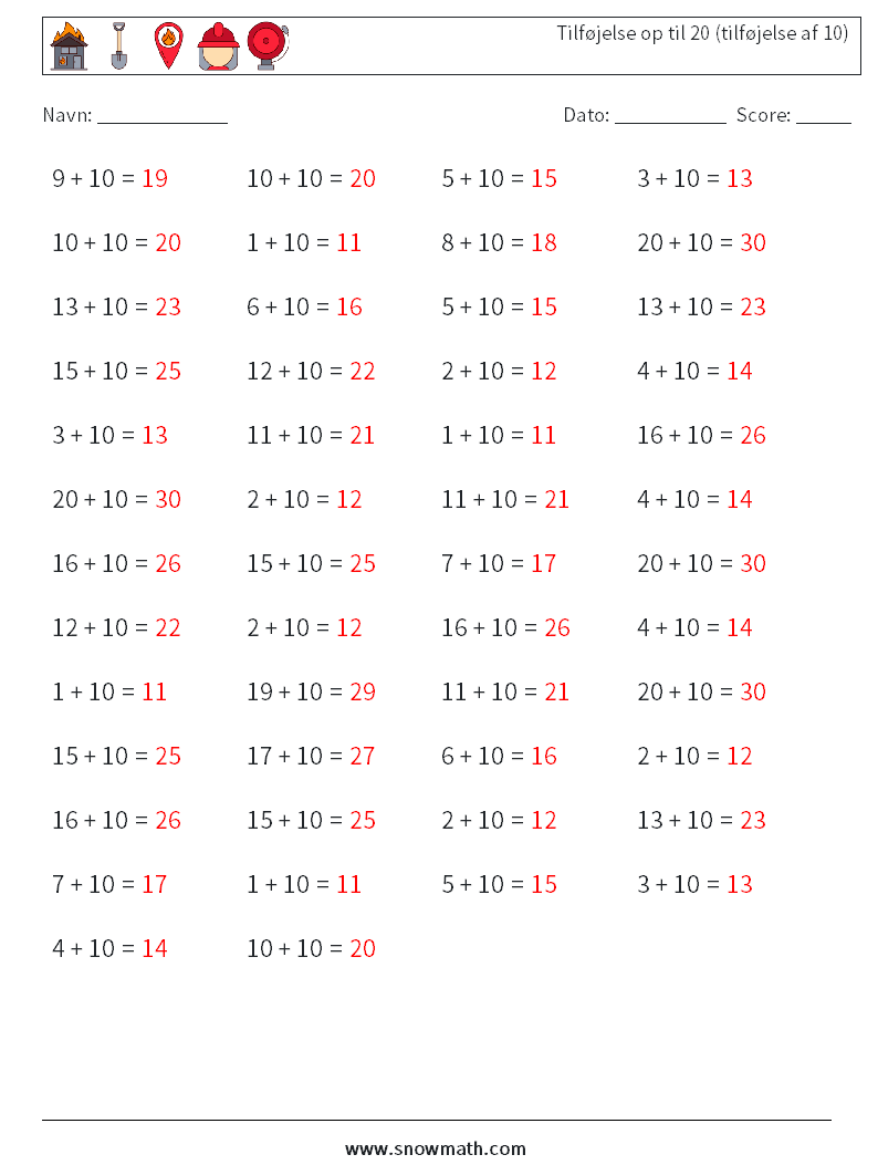 (50) Tilføjelse op til 20 (tilføjelse af 10) Matematiske regneark 6 Spørgsmål, svar