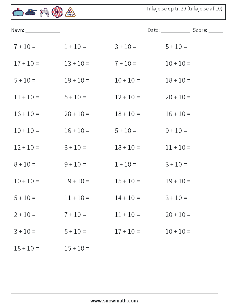 (50) Tilføjelse op til 20 (tilføjelse af 10) Matematiske regneark 7