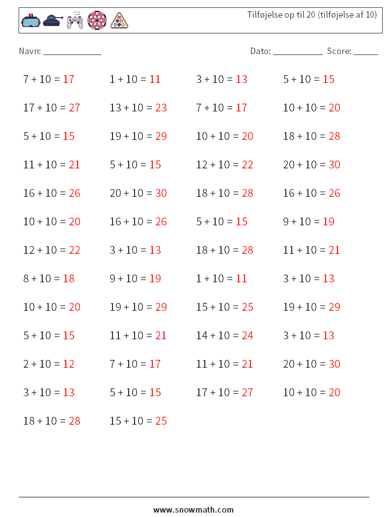 (50) Tilføjelse op til 20 (tilføjelse af 10) Matematiske regneark 7 Spørgsmål, svar