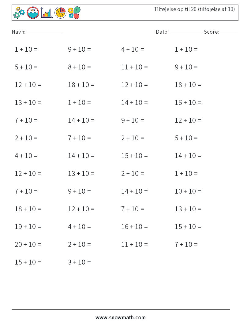 (50) Tilføjelse op til 20 (tilføjelse af 10) Matematiske regneark 8
