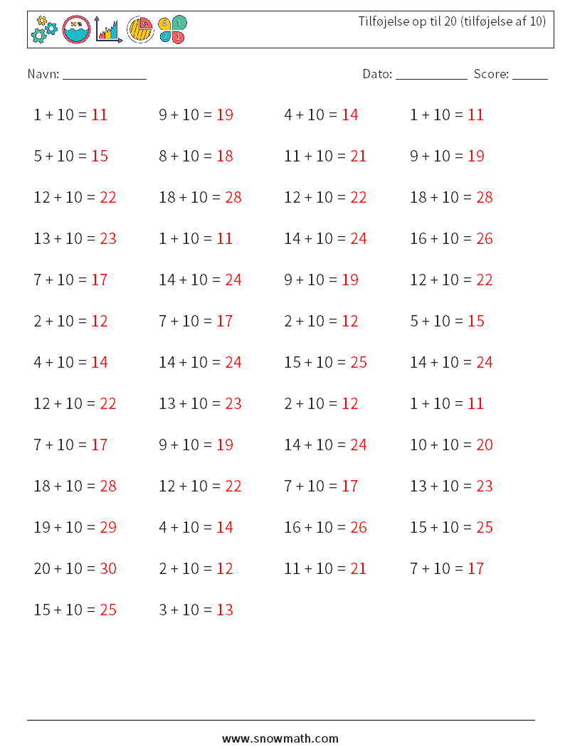 (50) Tilføjelse op til 20 (tilføjelse af 10) Matematiske regneark 8 Spørgsmål, svar
