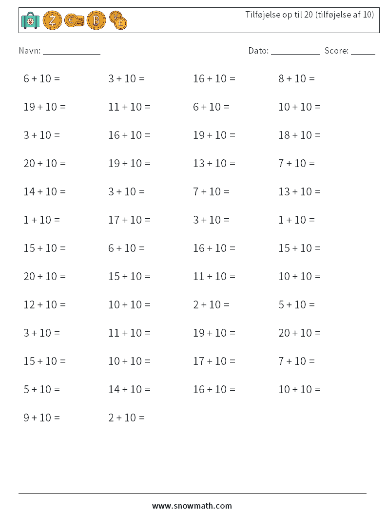 (50) Tilføjelse op til 20 (tilføjelse af 10) Matematiske regneark 9