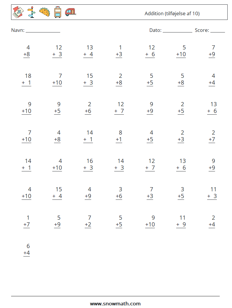 (50) Addition (tilføjelse af 10) Matematiske regneark 1