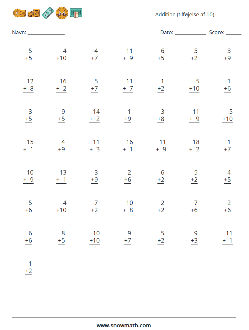 (50) Addition (tilføjelse af 10) Matematiske regneark 11