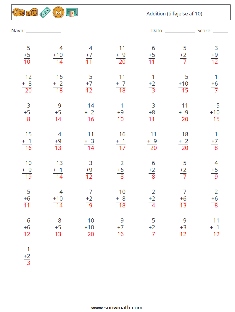 (50) Addition (tilføjelse af 10) Matematiske regneark 11 Spørgsmål, svar