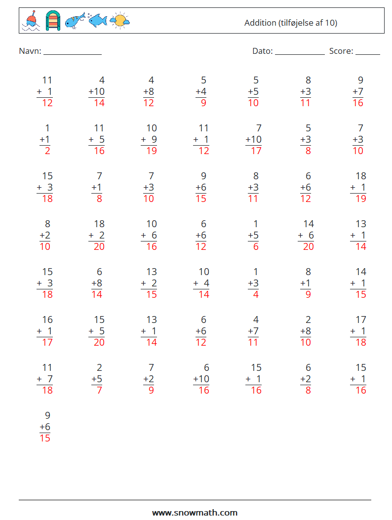 (50) Addition (tilføjelse af 10) Matematiske regneark 12 Spørgsmål, svar