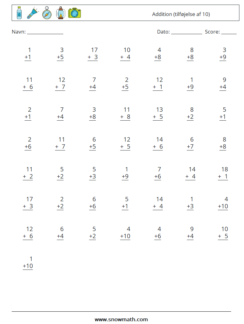 (50) Addition (tilføjelse af 10) Matematiske regneark 13