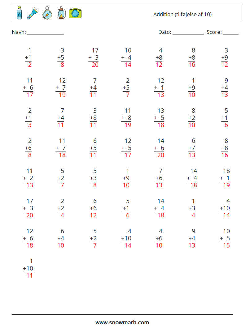 (50) Addition (tilføjelse af 10) Matematiske regneark 13 Spørgsmål, svar