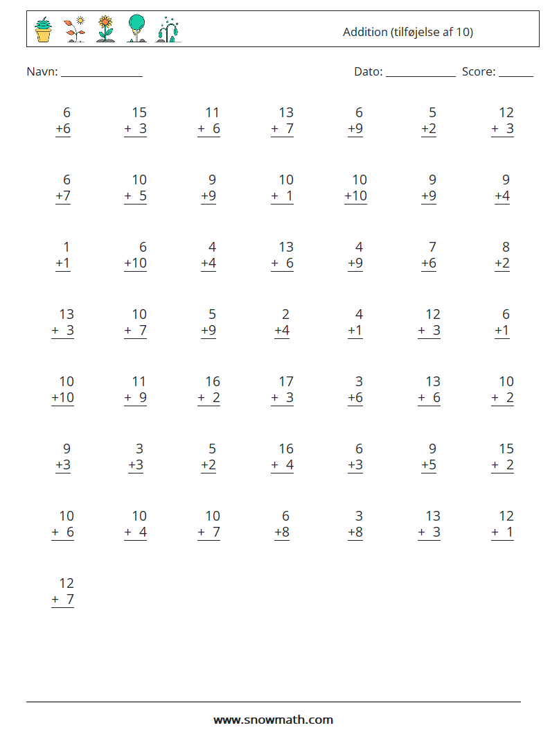 (50) Addition (tilføjelse af 10) Matematiske regneark 14