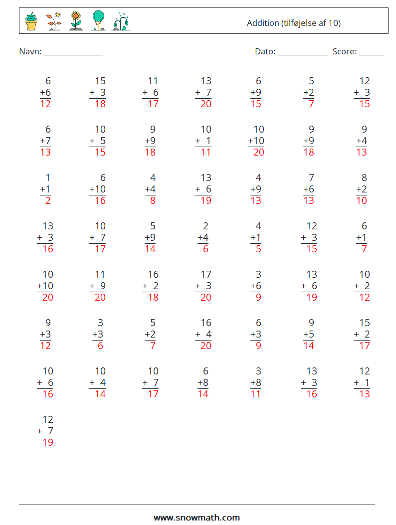 (50) Addition (tilføjelse af 10) Matematiske regneark 14 Spørgsmål, svar