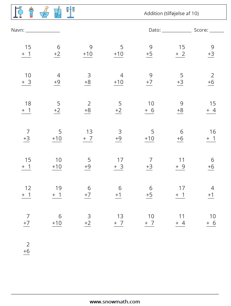 (50) Addition (tilføjelse af 10) Matematiske regneark 16