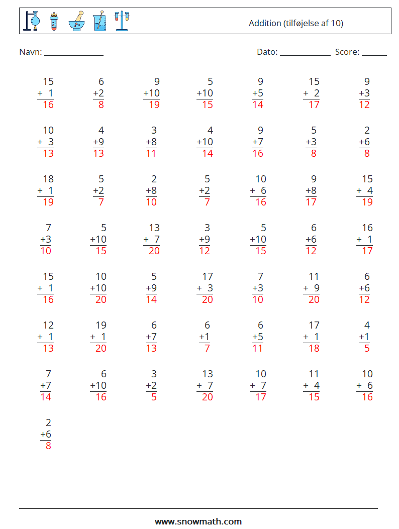 (50) Addition (tilføjelse af 10) Matematiske regneark 16 Spørgsmål, svar