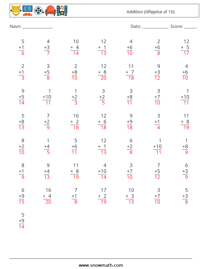 (50) Addition (tilføjelse af 10) Matematiske regneark 17 Spørgsmål, svar