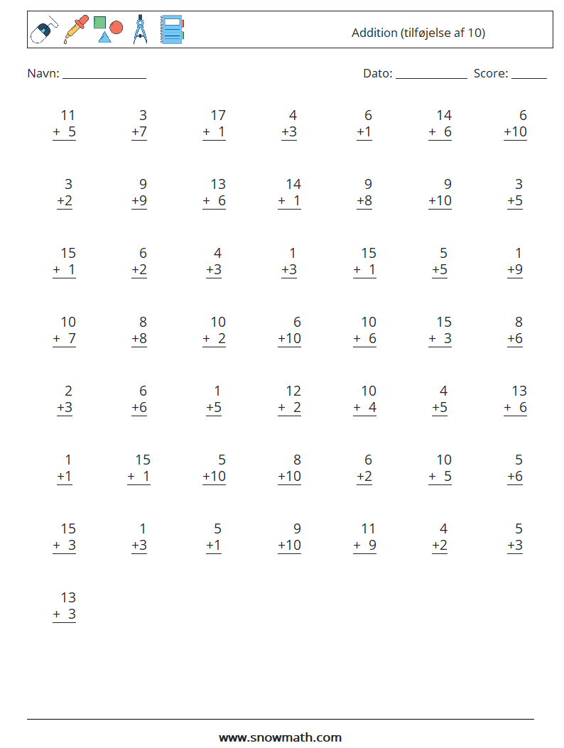 (50) Addition (tilføjelse af 10) Matematiske regneark 18