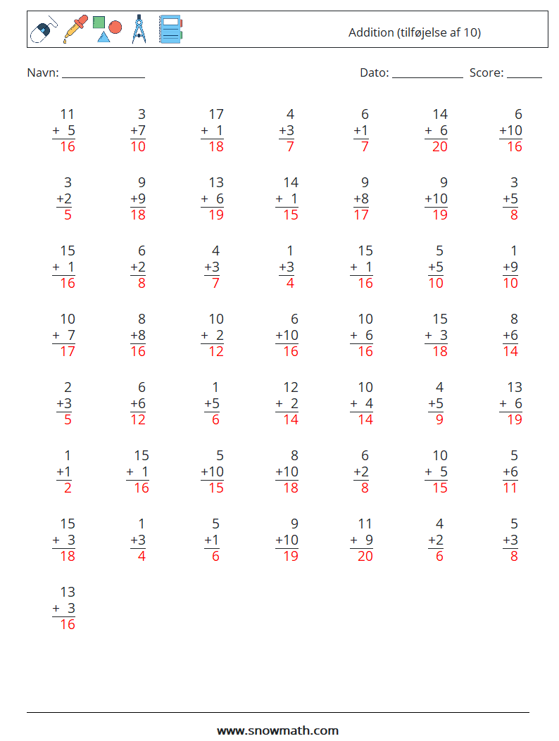 (50) Addition (tilføjelse af 10) Matematiske regneark 18 Spørgsmål, svar