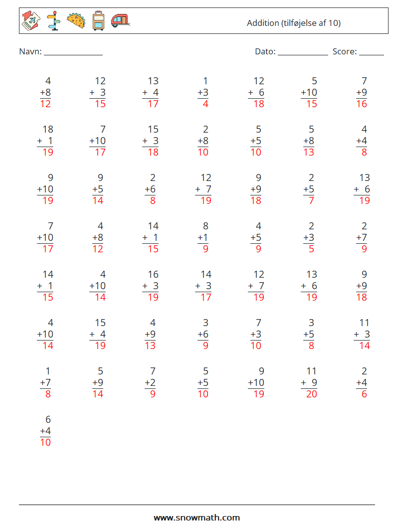 (50) Addition (tilføjelse af 10) Matematiske regneark 1 Spørgsmål, svar