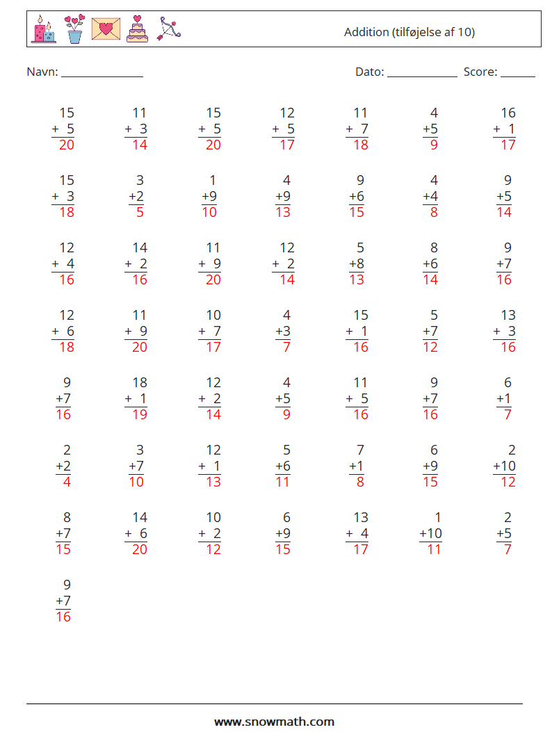 (50) Addition (tilføjelse af 10) Matematiske regneark 2 Spørgsmål, svar