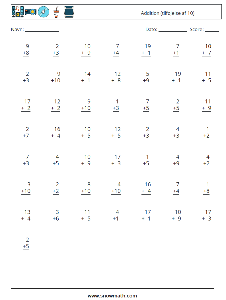 (50) Addition (tilføjelse af 10) Matematiske regneark 3