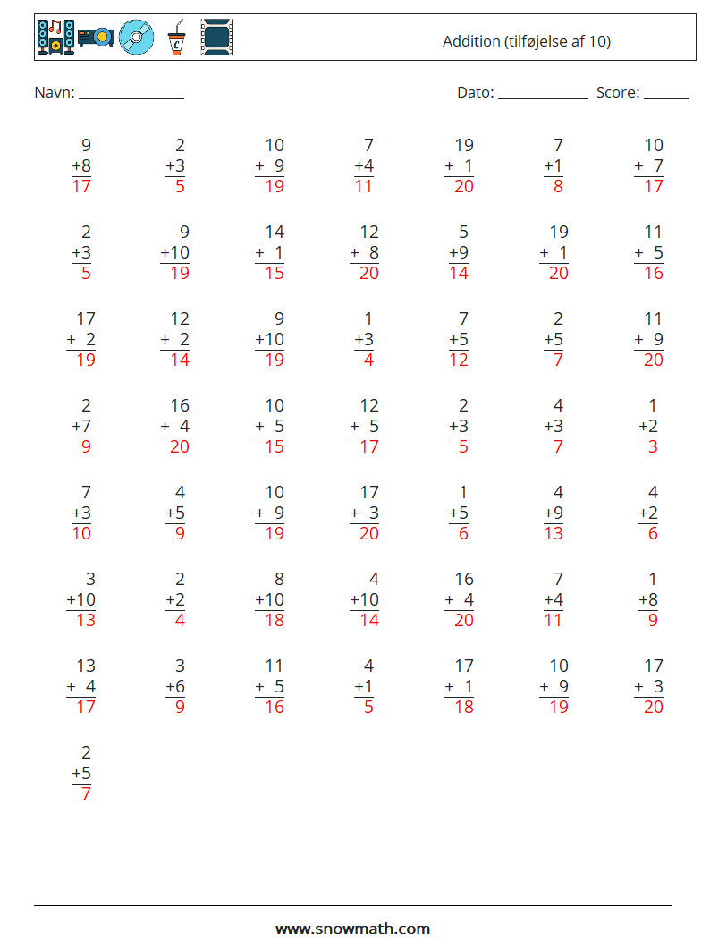 (50) Addition (tilføjelse af 10) Matematiske regneark 3 Spørgsmål, svar