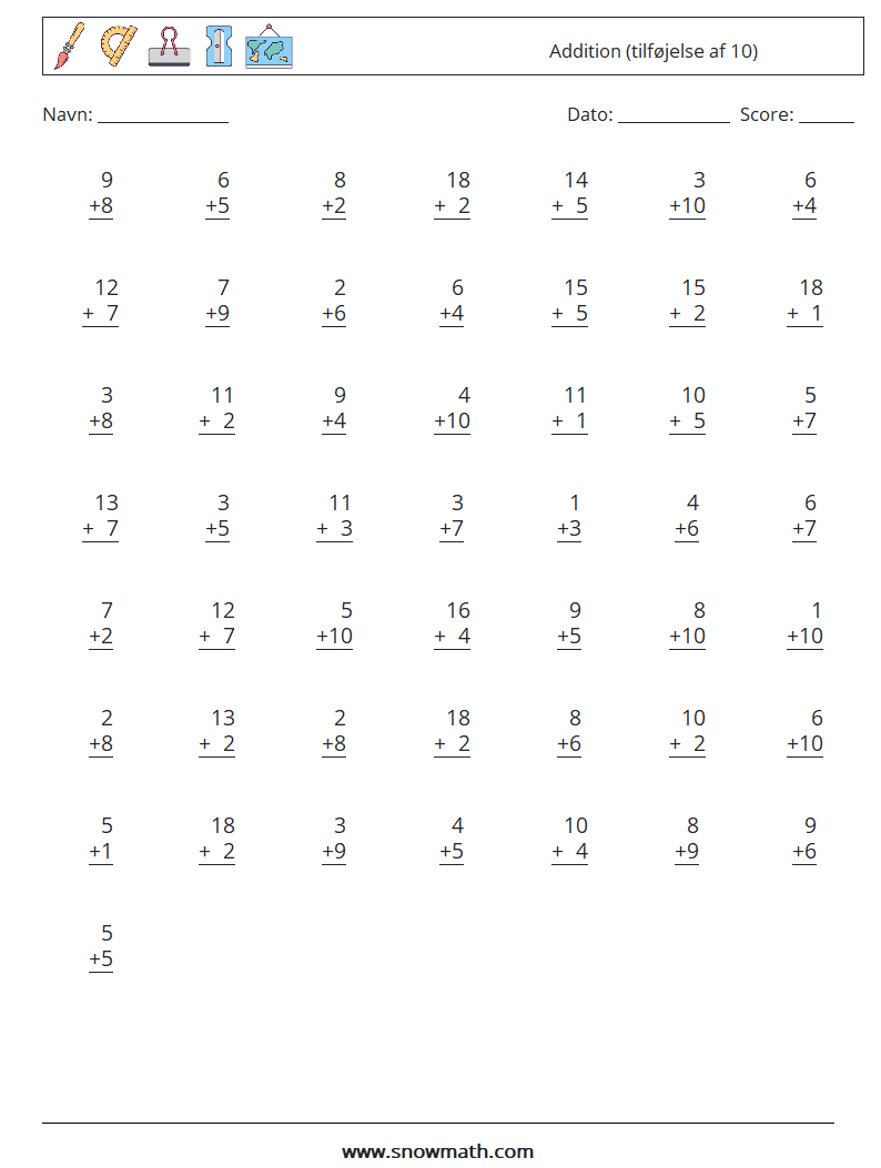 (50) Addition (tilføjelse af 10) Matematiske regneark 4