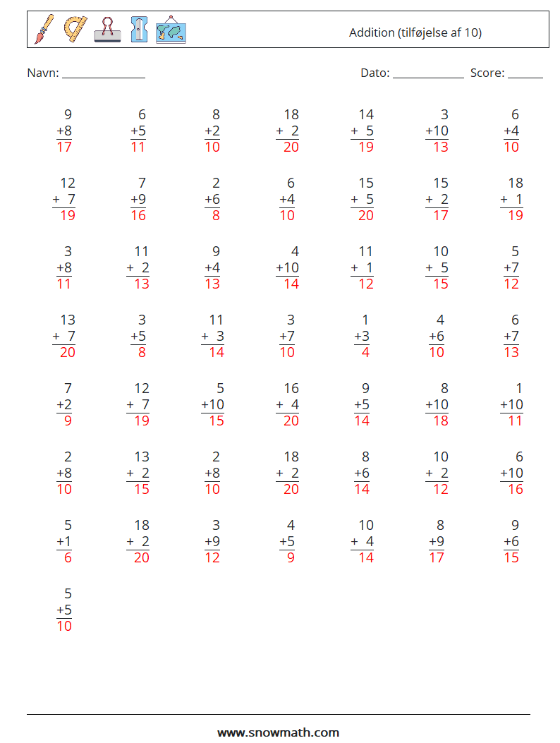 (50) Addition (tilføjelse af 10) Matematiske regneark 4 Spørgsmål, svar