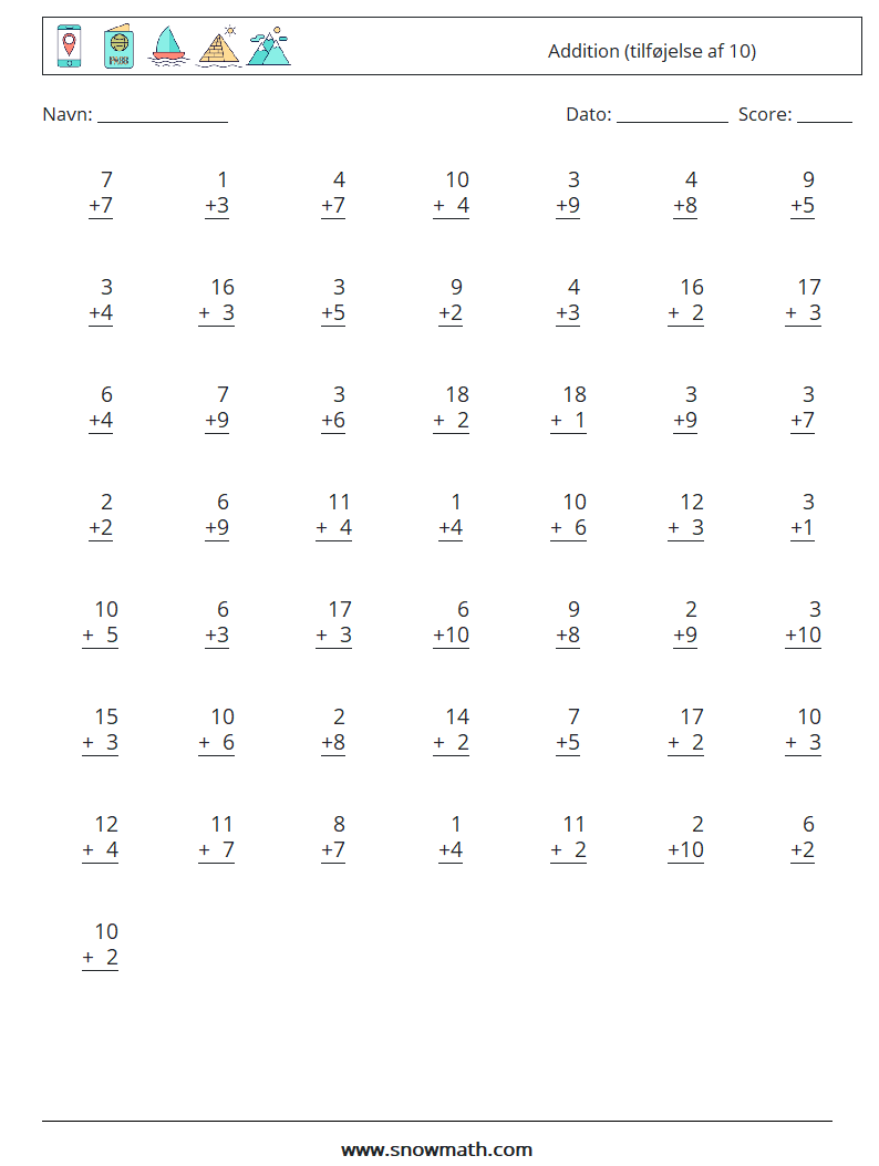 (50) Addition (tilføjelse af 10) Matematiske regneark 5