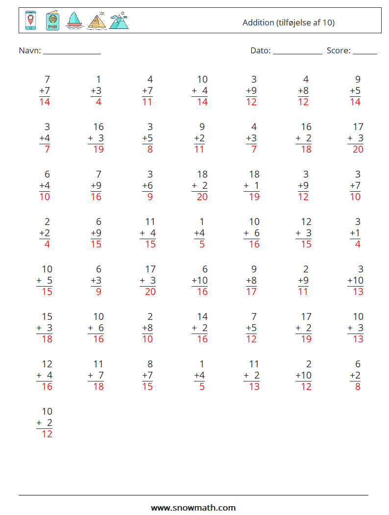 (50) Addition (tilføjelse af 10) Matematiske regneark 5 Spørgsmål, svar