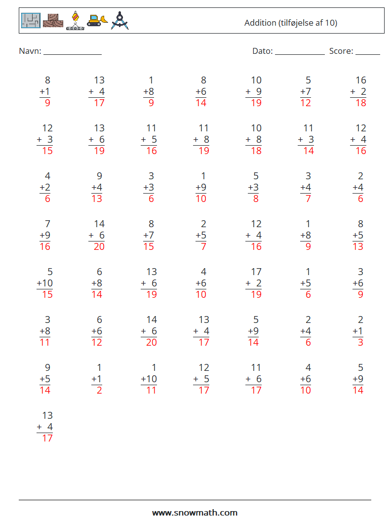 (50) Addition (tilføjelse af 10) Matematiske regneark 6 Spørgsmål, svar