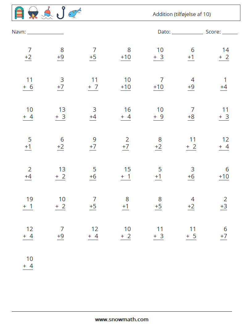 (50) Addition (tilføjelse af 10) Matematiske regneark 7