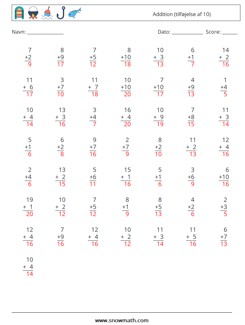 (50) Addition (tilføjelse af 10) Matematiske regneark 7 Spørgsmål, svar