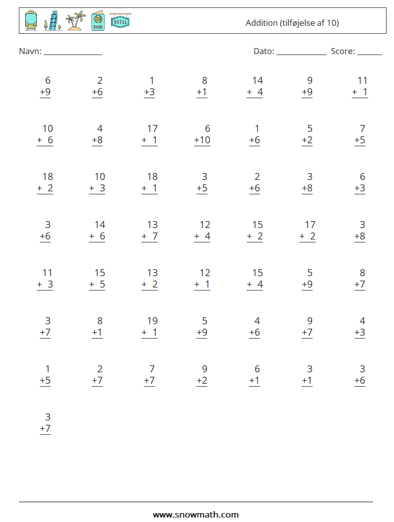 (50) Addition (tilføjelse af 10) Matematiske regneark 8