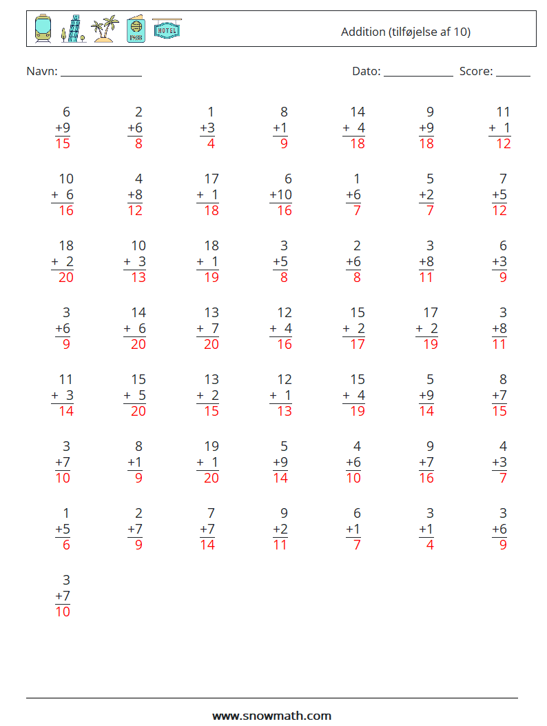 (50) Addition (tilføjelse af 10) Matematiske regneark 8 Spørgsmål, svar