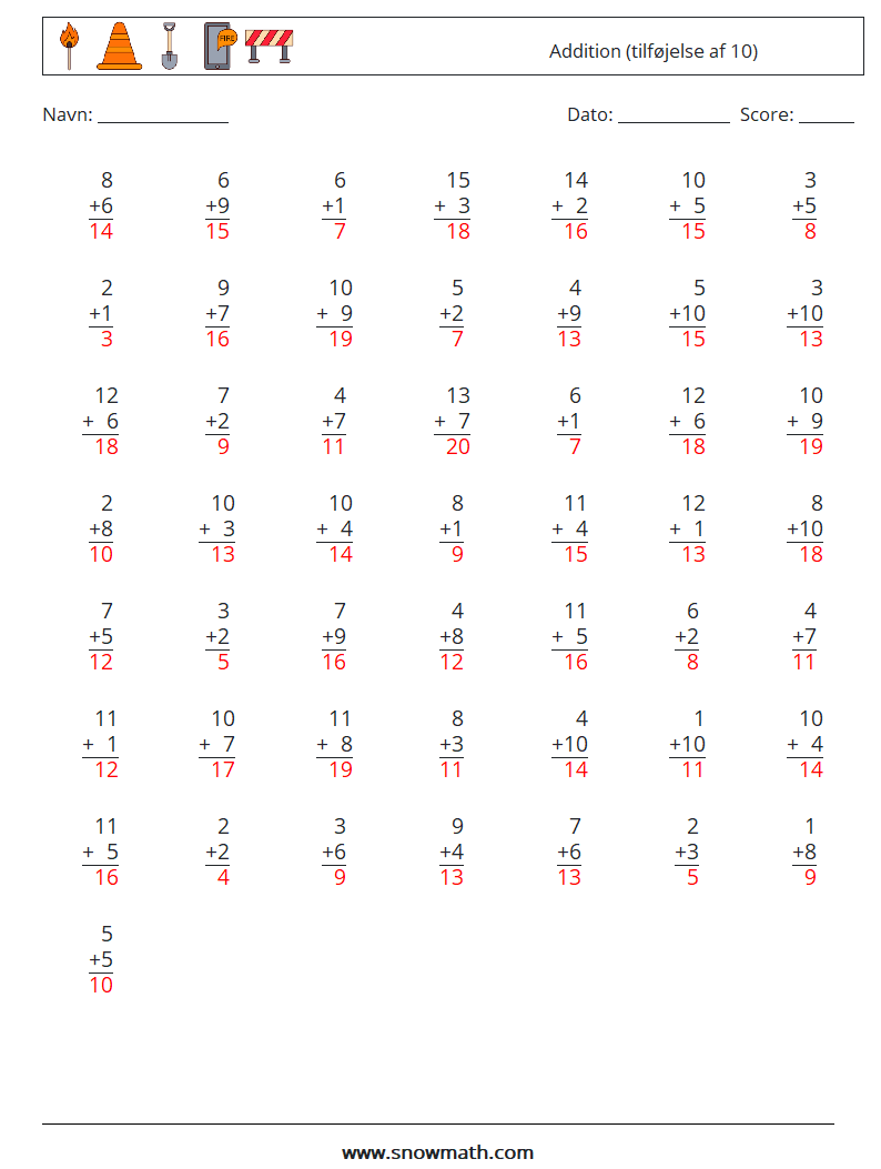 (50) Addition (tilføjelse af 10) Matematiske regneark 9 Spørgsmål, svar