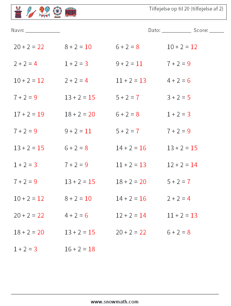 (50) Tilføjelse op til 20 (tilføjelse af 2) Matematiske regneark 1 Spørgsmål, svar