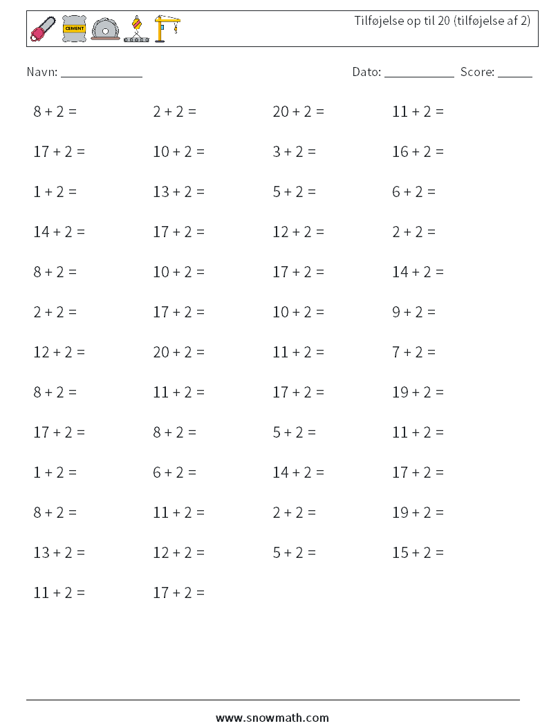 (50) Tilføjelse op til 20 (tilføjelse af 2) Matematiske regneark 2
