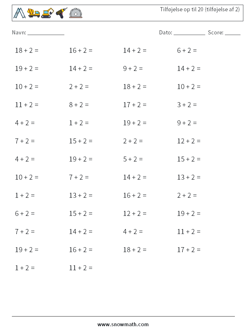 (50) Tilføjelse op til 20 (tilføjelse af 2) Matematiske regneark 3