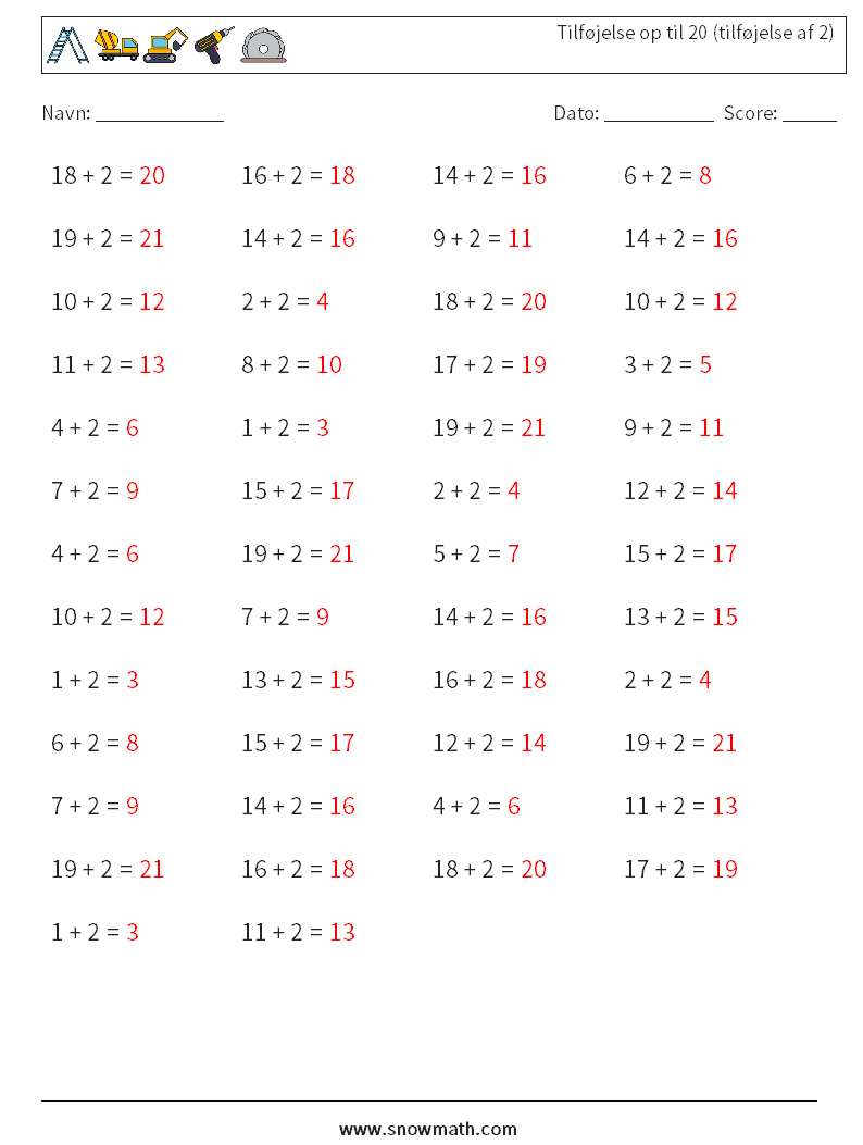 (50) Tilføjelse op til 20 (tilføjelse af 2) Matematiske regneark 3 Spørgsmål, svar