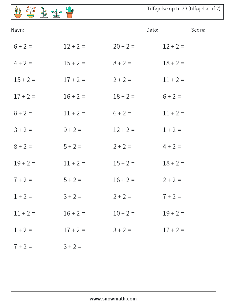 (50) Tilføjelse op til 20 (tilføjelse af 2) Matematiske regneark 4