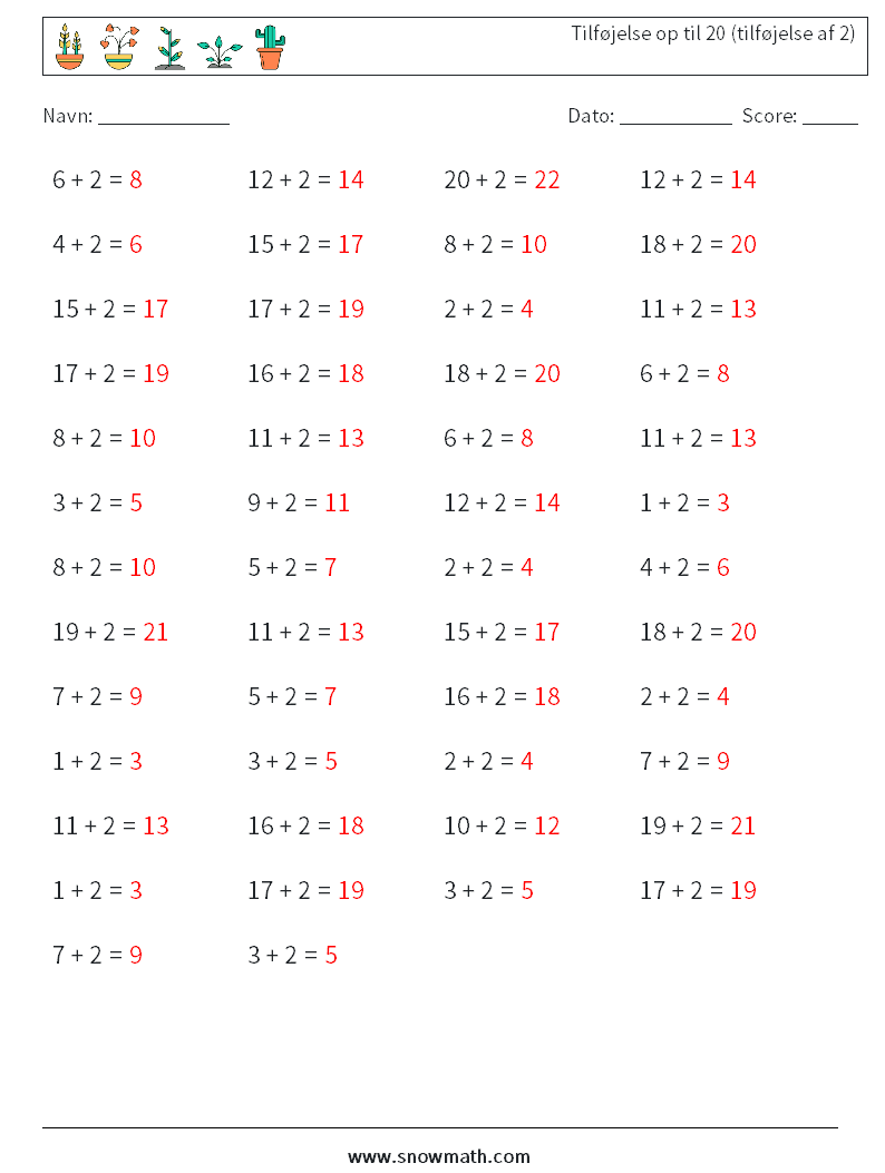 (50) Tilføjelse op til 20 (tilføjelse af 2) Matematiske regneark 4 Spørgsmål, svar